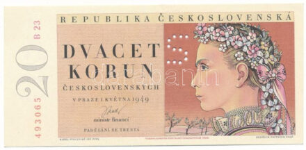 Csehszlovákia 1949. 20K "S" minta perforációval, "B 36 020072" T:UNC,AU / Czechoslovakia 1949. 20 Korun with "S" as specimen perforation, "B 23 493065" C:UNC,AU Krause 70.s