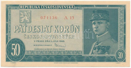Csehszlovákia 1948. 50K három perforált lyuk "A 13 071136" T:AU sarokhajlások / Czechoslovakia 1948. 50 Korun with 3 perforated holes "A 13 071136" C:AU corner folds Krause 66.