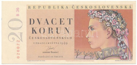 Csehszlovákia 1949. 20K három lyukkal perforált minta, "B 36 020072" T:AU / Czechoslovakia 1949. 20 Korun specimen perforated with three holes, "B 36 020072" C:AU Krause 70.s