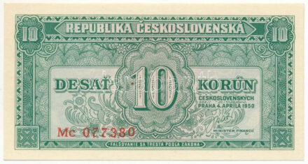 Csehszlovákia 1950. 10K "Mc 077380" T:UNC / Czechoslovakia 1950. 10 Korun "Mc 077380" C:UNC Krause 69.