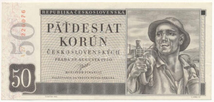 Csehszlovákia 1950. 50K három perforált lyuk "A 27 226076" T:UNC,AU / Czechoslovakia 1950. 10 Korun with 3 perforated holes "A 27 226076" C:UNC,AU Krause 71.s