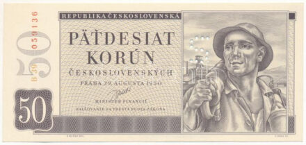 Csehszlovákia 1950. 50K perforált S betűvel, "B 39 059136" T:UNC Czechoslovakia 1950. 50 Korun with perforated S, "B 39 059136" C:UNC Krause 71.s