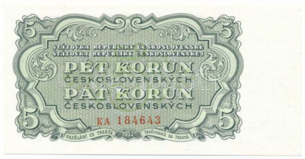 Csehszlovákia 1953. 5K három lyukkal perforált minta, "KA 184643" T:UNC / Czechoslovakia 1953. 5 Korun specimen perforated with three holes, "KA 184643" C:UNC Krause 80.s