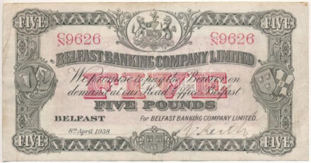 Észak-Írország 1938. 5P piros "CN 9626" sorszámmal T:F / Northern Ireland 1938. 5 Pounds with red "CN 9626" serial number C:F Krause 127.b
