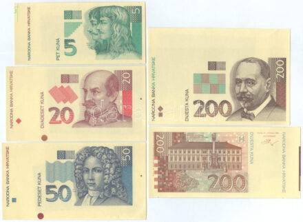 Horvátország 1993. 5K-1000K (9xklf) előlapi és hátlapi színpróbanyomatok, köztük több ívszéllel T:AU / Croatia 1993. 5 Kuna - 1000 Kuna (9xdiff) obverse and reverse color trial prints, including several with sheet edges C:AU