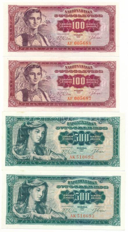 Jugoszlávia 1963. 100D (2x) sorszámkövetők "AF 005687 - AF 005688" + 500D (2x) sorszámkövetők "AK 510692 - AK 510692" T:UNC,AU / Yugoslavia 1963. 100 Dinara (2x) consecutive serials "AF 005687 - AF 005688" + 500 Dinara (2x) consecutive serials "AK 510692 - AK 510692"