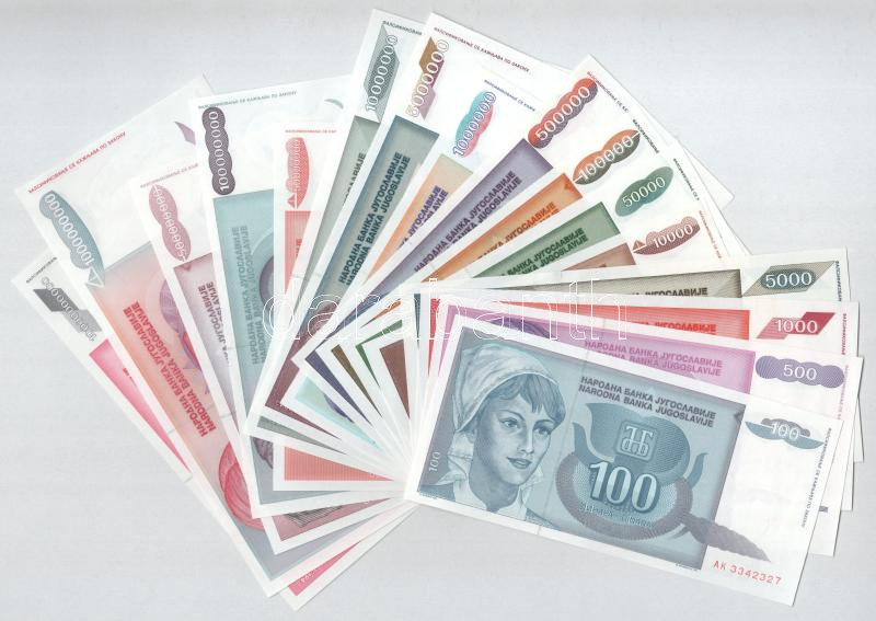 Jugoszlávia 1992. 100D + 500D + 1000D + 5000D pótkiadás "ZA" + 10.000D + 50.000D + 1993. 100.000D + 500.000D + 1.000.000D + 5.000.000D + 10.000.000D + 50.000.000D + 100.000.000D + 500.000.000D + 1.000.000.000D + 10.000.000.000D T:UNC,AU / Yugoslavia 1992. 100 Dinara + 500 Dinara + 1000 Dinara + 5000 Dinara replacement issue "ZA" + 10.000 Dinara + 50.000 Dinara + 1993. 100.000 Dinara + 500.000 Dinara + 1.000.000 Dinara + 5.000.000 Dinara + 10.000.000 Dinara + 50.000.000 Dinara + 100.000.000 Dinara + 500.000.000 Dinara + 1.000.000.000 Dinara + 10.000.000.000 Dinara