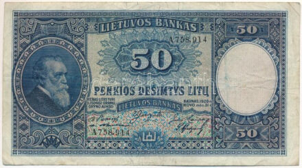 Litvánia 1928. 50L "A758914" T:F / Lithuania 1928. 50 Litu "A758914" C:F Krause 24.a