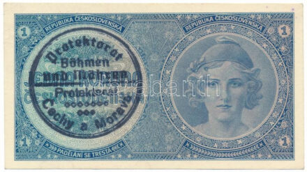 Német Harmadik Birodalom / Cseh-Morva Protektorátus 1939. 1K csehszlovák bankjegy felülbélyegezve kézi bélyegzővel, "A 076" T:AU / German Third Reich / Protectorate of Bohemia and Moravia 1939. 1 Korun Czechoslovakian banknote with hand-stamped overprint, "A 076" C:AU Krause