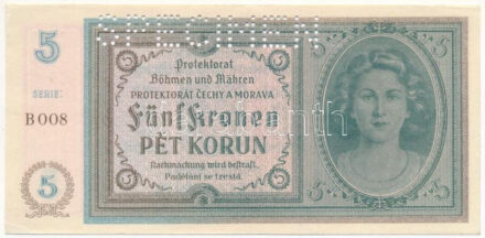 Német Harmadik Birodalom / Cseh-Morva Protektorátus DN (1940) 5K "B008", "SPECIMEN (MINTA)" perforációval T:AU sarokhajlás / German Third Reich / Protectorate of Bohemia and Moravia ND (1940) 5 Korun "B008" with "SPECIMEN" perforation C:AU corner fold Krause