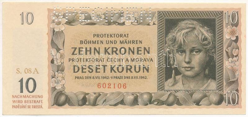 Német Harmadik Birodalom / Cseh-Morva Protektorátus 1942. 10K "08 A 602106", "SPECIMEN (MINTA)" perforációval T:AU sarokhajlás / German Third Reich / Protectorate of Bohemia and Moravia 1942. 10 Korun "08 A 602106" with "SPECIMEN" perforation C:AU corner fold Krause