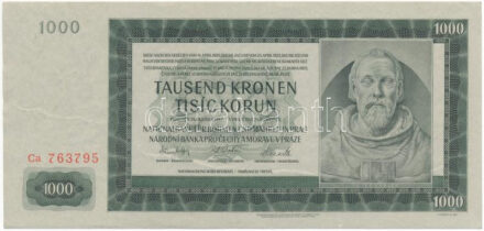 Német Harmadik Birodalom / Cseh-Morva Protektorátus 1942. 1000K "II. kiadás", "Ca 763795" T:AU nyomdai papírránccal / German Third Reich / Protectorate of Bohemia and Moravia 1942. 1000 Korun "2nd issue", "Ca 763795" C:AU with printig crease Krause