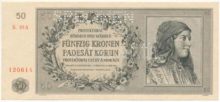 Német Harmadik Birodalom / Cseh-Morva Protektorátus 1944. 50K "10 A 120614", "SPECIMEN (MINTA)" perforációval T:AU / German Third Reich / Protectorate of Bohemia and Moravia 1944. 50 Korun "10 A 120614" with "SPECIMEN" perforation C:AU Krause 10.s