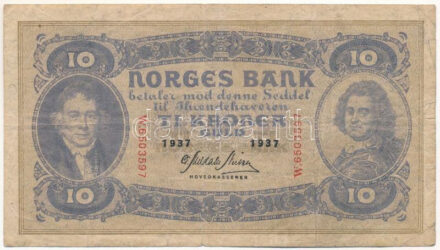 Norvégia 1937. 10K "W.6503597", Christie-kiadás T:VG / Norway 1937. 10 Kroner "W.6503597", Christie-issue C:VG Krause 8.c