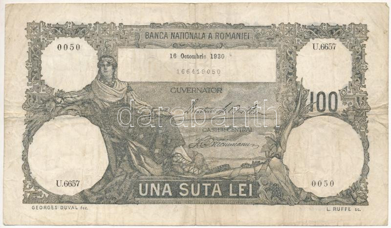 Románia 1930. október 16. 100L "U.6657 0050" T:F / Romania 10.16.1930. 100 Lei "U.6657 0050" C:F Krause 33.