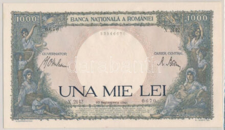 Románia 1941-1945. 1000L "X. 2142 0670" eredeti PMG tokban T:UNC,AU (64 Choice Unc) / Romania 1941-1945. 1000 Lei "X. 2142 0670" in original PMG case C:UNC,AU (64 Choice Unc) Krause 52.a