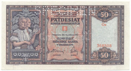 Szlovákia 1940. 50K "Oe 368508" "SPECIMEN (MINTA)" perforációval T:UNC,AU / Slovakia 1940. 50 Korun "Oe 368508" with "SPECIMEN" perforation C:UNC,AU Krause 9.a