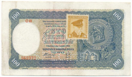 Szlovákia 1940. 100K "SPECIMEN" (minta) perforációval, csehszlovák bélyeggel, "C13 562372" T:F szép papír / Slovakia 1940. 100 Korun with "SPECIMEN" perforation with Czechoslovak stamp, "C13 562372" C:F nice paper Krause 10.s