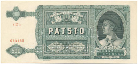 Szlovákia 1941. 500K "6 D e 044455", "SPECIMEN (MINTA)" perforációval T:XF / Slovakia 1941. 500 Korun "6 D e 044455" with "SPECIMEN" perforation C:XF Krause 12.s