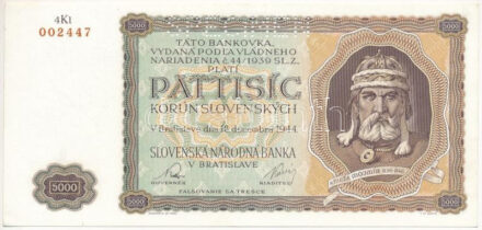 Szlovákia 1944. 5000K "4K1 002447", "SPECIMEN (MINTA)" perforációval T:AU / Slovakia 1944. 5000 Korun "4K1 002447" with "SPECIMEN" perforation C:AU Krause 14.s