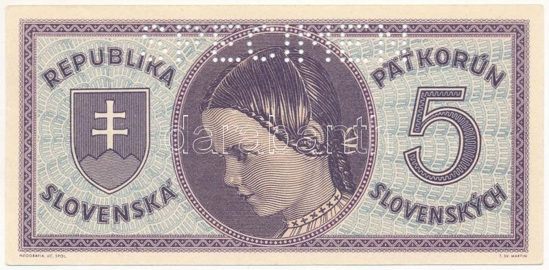 Szlovákia 1945. 5K "SPECIMEN (MINTA)" perforációval T:AU / Slovakia 1945. 5 Korun with "SPECIMEN" perforation C:AU Krause 5.s