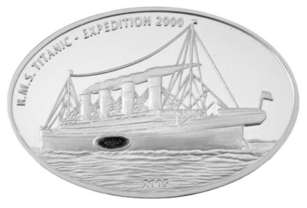 Libéria 2005. 10$ Ag "Titanic Expedíció 2000" belefoglalt, a roncsból származó eredeti szénnel, kapszulában, tanúsítvánnyal (25g/0.925/30x45mm) T:PP / Liberia 2005. 10 Dollars Ag "Titanic Expedition 2000" with original coal from the wreck, in capsule with certificate (25g/0.925/30x45mm) C:PP Krause