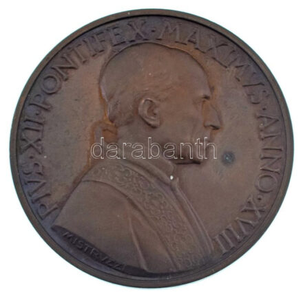 Vatikán 1956. "XII. Pius pápa / Május 1. Názáreti József emléknappá nyilvánítása" kétoldalas bronz pápai emlékérem. Szign.: Mistruzzi (37,15g/44,5mm) T:AU, patina / Vatican 1956. "Pope Pius XII / May 1. proclamation of Joseph of Nazareth as Memorial Day" two-sided bronze commemorative medallion. "PIVS XII PONTIFEX MAXIMVS ANNO XVIII / OPI FICVM EORVMQVE CONDVCTORVM CONSOCIATA NAVITAS" Sign.: Mistruzzi (37,15g/44,5mm) C:AU,