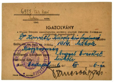 1941. Névre szóló, kitöltött viselői igazolvány a Délvidéki Emlékéremhez, a "M. Kir. 101. Központi Szállításvezetőség" pecsétjével T:AU / Hungary 1941. Bearer's ID for the "Commemorative Medal for the Return of Southern Hungary", with cancellation from the "101st Hungarian Royal Central Shipping HQ"