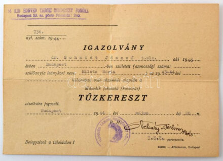 1944. Névre szóló, kitöltött viselői igazolvány a Tűzkereszt II. fokozatához, a "M. Kir. Honvéd Tábori Rendészet Főnöke" pecsétjével T:F