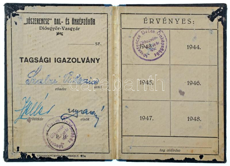 1943. "Jó Szerencse Dalkör" fém dalos jelvény dekoratív nemzetiszín szalagon (29x47mm) + "Diósgyőr-Vasgyári Jószerencse Dal- és Önképzőkör" zománcozott bronz dalos gomlyukjelvény "Morzsányi" gyártói jelzéssel (20x20mm) + "Jószerencse Dal- és Önképzőkör" tagsági igazolvány kitöltve, pecséttel T:AU,XF az igazolványban kisebb sérülések / Hungary 1943. "Jó Szerencse Dalkör (Jószerencse Song Circle)" enameled bronze singing badge on decorative red-white-green ribbon (29x47mm) + "Diósgyőr-Vasgyári Jószerencse Dal- és Önképzőkör (Jószerencse Song and Self Education Circle of Diósgyőr Steelworks)" membership card filled out, with stamp C:AU,XF minor damages in the membership - Image 2