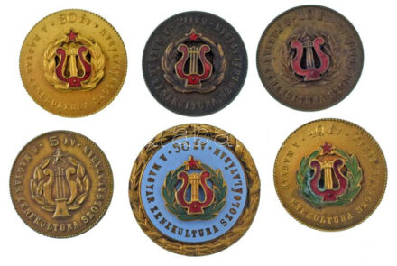 ~1965-1970. "5, 10, 20, 30, 40 és 50 év a Magyar Zenekultúra Szolgálatában" bronz, zománcozott bronz és zománcozott, aranyozott bronz dalos kitüntető jelvény (6xklf) T:AU patina / Hungary ~1965-1970. "5, 10, 20, 30, 40 and 50 years in the service of Hungarian musical culture" bronze, enameled bronze and enameled, gilt bronze singing badges (6xdiff) C:AU
