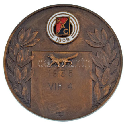 1935. "KAC (Kispesti Atlétikai Club)" bronz díjérem a klub zománcozott címerével, farkas(?) rátéttel, "BERÁN N BUDAPEST" gyártói jelzéssel és "K.A.C. 1935.VIII.4." gravírozással (50mm) T:AU patina / Hungary 1935. "KAC (Kispesti Atlétikai Club) (Kispest Athletic Club)" bronze award medal with enamelled logo of the club, wolf(?) inlay, "BERÁN N BUDAPEST" maker's mark and "K.A.C. 1935.VIII.4." engrave (1889-1965) (50mm) C:AU