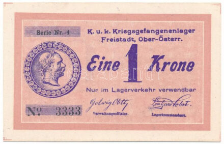 Ausztria / Freistadt hadifogolytábor ~1916. 1K "4 3333" T:AU / Austria / Freistadt POW camp ~1916. 1 Krone "4 3333" C:AU