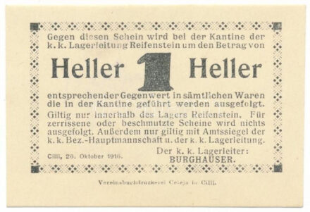 Ausztria / Cilli / Reifenstein hadifogolytábor 1916. 1h hátlapon bélyegzéssel és bélyegzett sorszámmal "3411" T:AU / Austria / Cilli / Reifenstein POW Camp 1916. 1 Heller, with cancellation and stamped serial number "3411" on backside C:AU