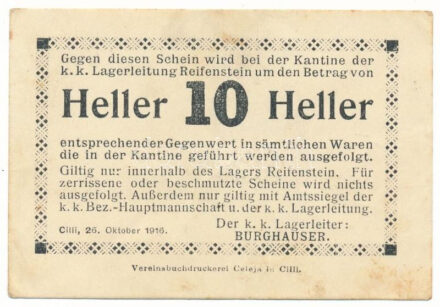 Ausztria / Cilli / Reifenstein hadifogolytábor 1916. 1h hátlapon bélyegzéssel és bélyegzett sorszámmal "4369" T:XF / Austria / Cilli / Reifenstein POW Camp 1916. 1 Heller, with cancellation and stamped serial number "4369" on backside C:XF
