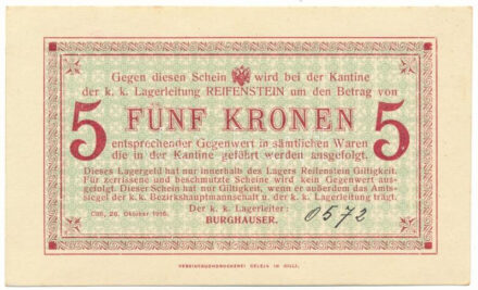 Ausztria / Cilli / Reifenstein hadifogolytábor 1916. 5K hátlapon bélyegzéssel, kézírásos sorszámmal "0572" T:AU / Austria / Cilli / Reifenstein POW Camp 1916. 5 Kronen, with cancellation on backside, handwritten serial number "0572" C:AU