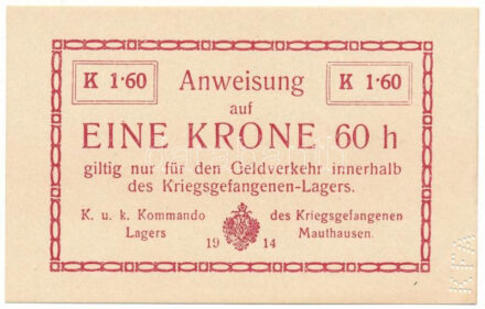 Ausztria / Mauthausen hadifogolytábor ~1914-1918. 1,6K "KFA" perforációval T:AU / Austria / Mauthausen / POW camp ~1914-1918. 1,6 Kronen with "KFA" perforation C:AU