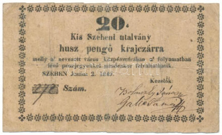 Kis-Szeben 1849. június 2. 20kr utalvány "Szeheni", illetve "juuius" szöveghibával, "272" sorszámmal T:F,VG / Hungary / Kis-Szeben 2nd June 1849. 20 pengő krajczár with "Szeheni" and "juuius" typographical error, "272" serial number C:F,VG Adamo