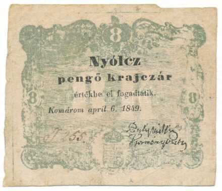 Komárom / Várbeli Hivatal 1849.04.06. 8kr "I 255" T:F,VG / Hungary / Komárom / Castle Authority 1849. 8 Krajczár "I 255" C:F,VG Adamo KOM-2.1