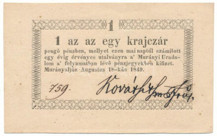 Murányalja 1849.08.18. 1kr "Coburg herceg birtoka - Murányi uradalom", "759" számozással T:AU szélén kis hajlás / Hungary / Murányalja 18.08.1849. 1 Kreuzer "Estate of the Prince of Coburg - Murány estate", with "759" serial number C:AU small bend on the edge Adamo