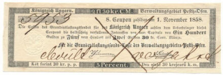 Pest-Buda 1858. "A Magyar Királyság Segélyalap-Pénztára Pest-Buda közigazgatási területén" 8. szelvénye 2Ft 30kr értékben, áthúzással érvénytelenítve, "5953" sorszámmal T:XF / Hungary / Pest-Buda 1858. "Basic Relief Fund of the Hungarian Kingdom on the administrative area of Pest-Buda" 8th coupon about 2 Florin 30 Kreuzer, voided by strikethrough, with "5953" serial number