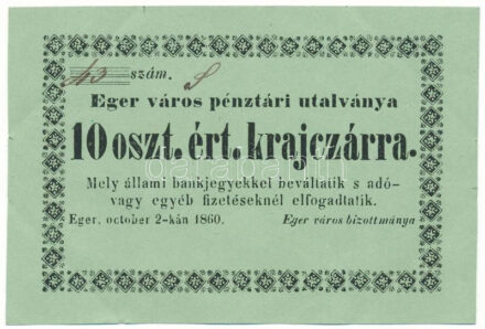 Eger 1860. 10kr, "43" sorszámmal T:XF hajtatlan, sarokhajlások / Hungary / Eger 1860. 10 osztrák értékű krajczár (10 Austrian Kreuzer) with "43" serial number C:XF unfolded, bend corners Adamo EGE-2.2.1