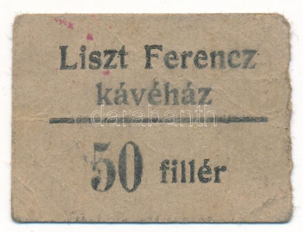 Budapest 1919-1925. 50f "Liszt Ferencz kávéház" vastag kartonon, hátoldalon bélyegzés és szignó T:XF / Hungary 1919-1925. 50 Fillér "Liszt Ferencz kávéház" on thick cardboard, with stamp and signature on the backside C:XF Adamo BUC-156e