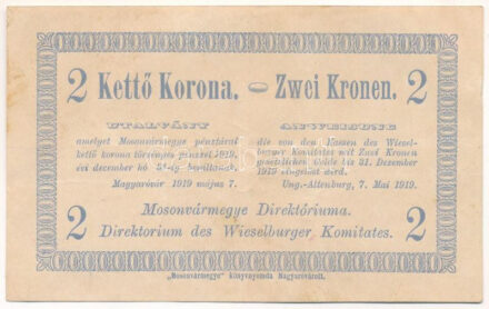 Magyaróvár / Mosonvármegye Direktóriuma 1919. május 7. 2K hátoldalán bélyegzés, aláírások és sorszám "14743" T:F szép papír / Hungary / Magyaróvár / Moson County Directory 7th May 1919. 2 Korona with stamp, signatures and serial number "14743" on the back C:F fine paper Adamo