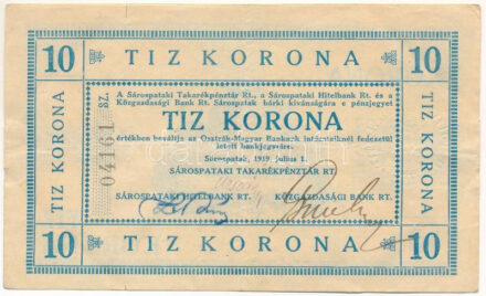 Sárospatak 1919. 10K szárazpecséttel, "04161" sorszámmal, aláírásokkal T:F / Hungary / Sárospatak 1919. 10 Korona with embossed stamp, "04161" serial number, signatures C:F Adamo SÁR-4.1