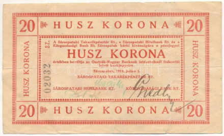 Sárospatak 1919. 20K szárazpecséttel, "02032" sorszámmal, aláírásokkal T:F / Hungary / Sárospatak 1919. 20 Korona with embossed stamp, "02032" serial number, signatures C:F Adamo SÁR-4.2