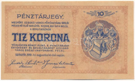 Szeged 1919. 10K "19T 02790" T:AU sarokhajlások / Hungary / Szeged 1919. 10 Korona "19T 02790" C:AU bend corners Adamo SZE-4.1