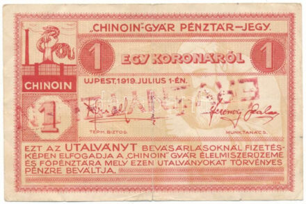 Újpest / Chinoin-gyár 1919. 1K "ÉRVÉNYTELEN" felülbélyegzéssel, a hátlap helyett az előlapon T:F,VG beszakadás / Hungary / Újpest / Chinoin Factory 1919. 1 Korona "ÉRVÉNYTELEN (Invalid)" overprint, on the front instead of the back C:F,VG tear Adamo