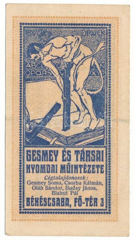 Békéscsaba ~1920. "Gesmey és Társai Nyomdai Műintézete" elismervény 50f-ről T:F szép papír / Hungary / Békéscsaba ~1920. "Gesmey és Társai Nyomdai Műintézete" voucher about 50 Fillér C:F fine paper Adamo BCS-7.1.3