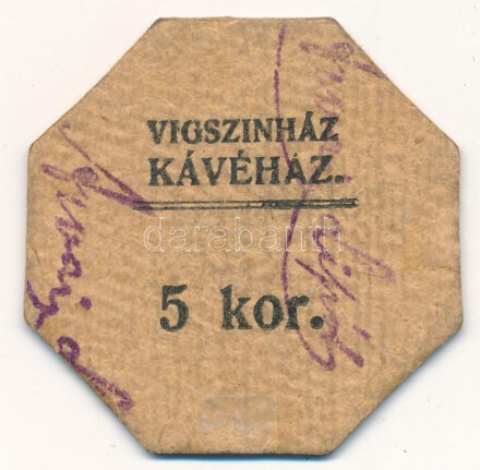 Budapest ~1920. 5K "Vígszínház Kávéház" hátlapon "Reiner" bélyegzés, hátlap és előlap is aláírt T:XF / Hungary / Budapest ~1920. 5 Korona "Coffee house of the Comedy Theatre of Budapest" "Reiner" cancellation on the back, obverse and backside with signatures C:XF Adamo